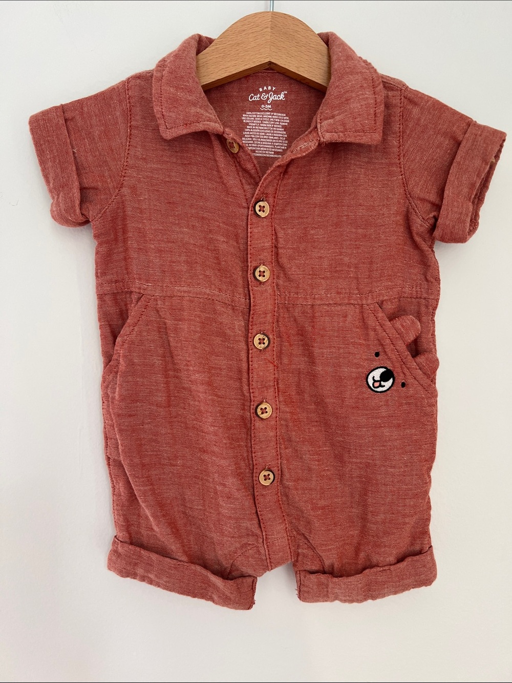 Cat & Jack | Rust-Red Short-Sleeve Button Romper with Bear Pocket Size 0-3 Month